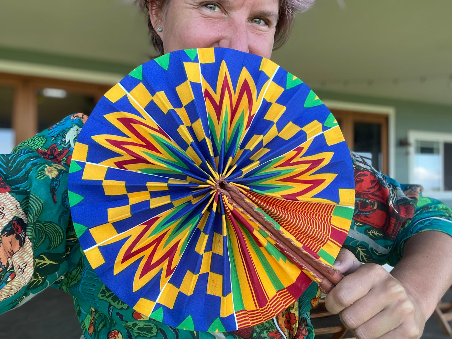 African Wax Print Leather Handmade Fan