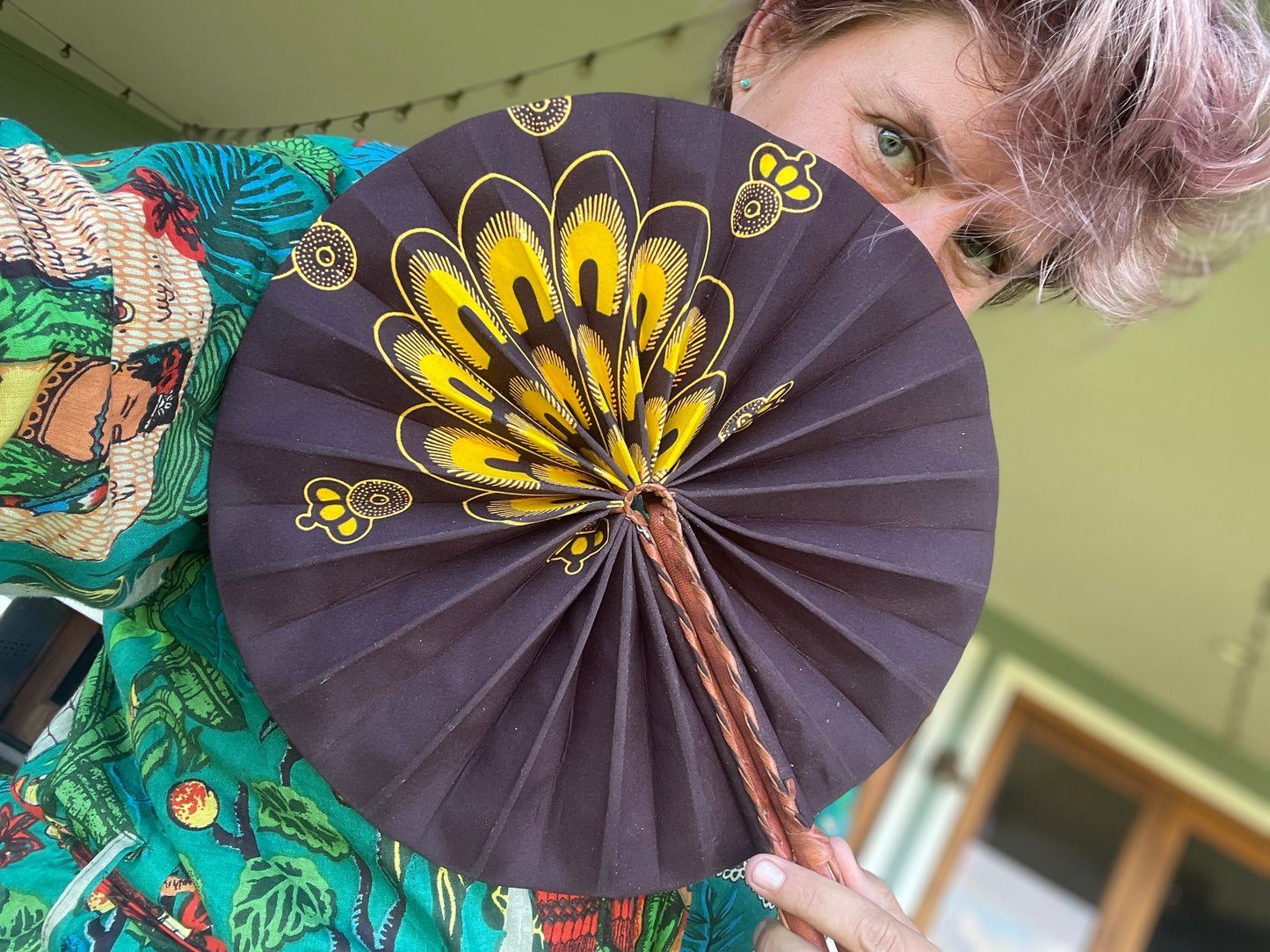 African Wax Print Leather Handmade Fan