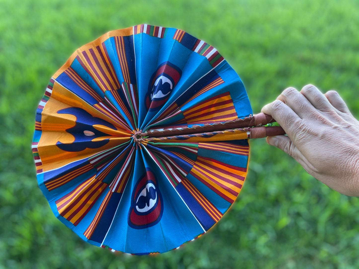 African Wax Print Leather Handmade Fan