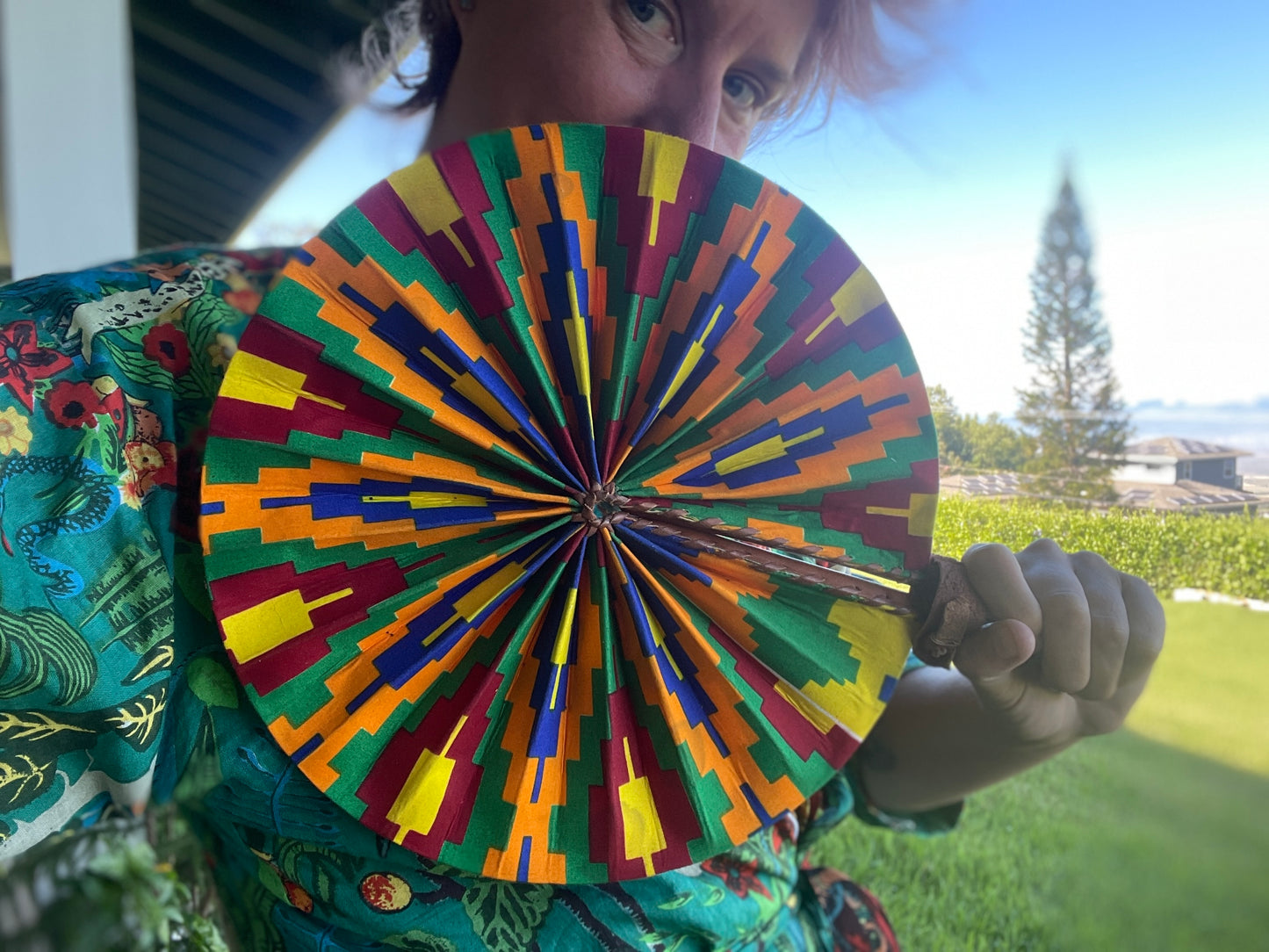 African Wax Print Leather Handmade Fan