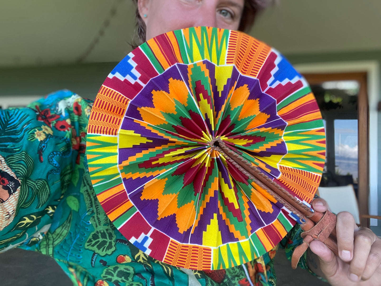 African Wax Print Leather Handmade Fan