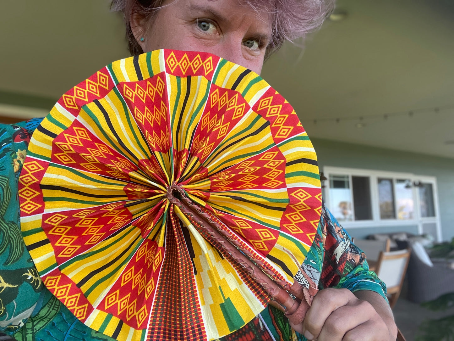 African Wax Print Leather Handmade Fan
