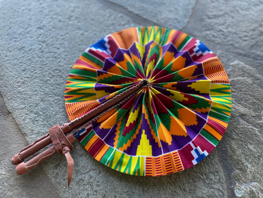 African Wax Print Leather Handmade Fan