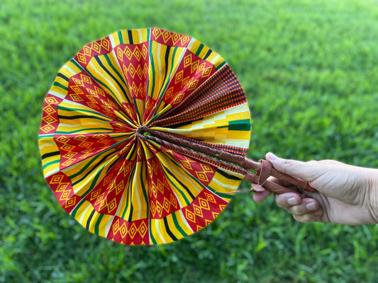 African Wax Print Leather Handmade Fan
