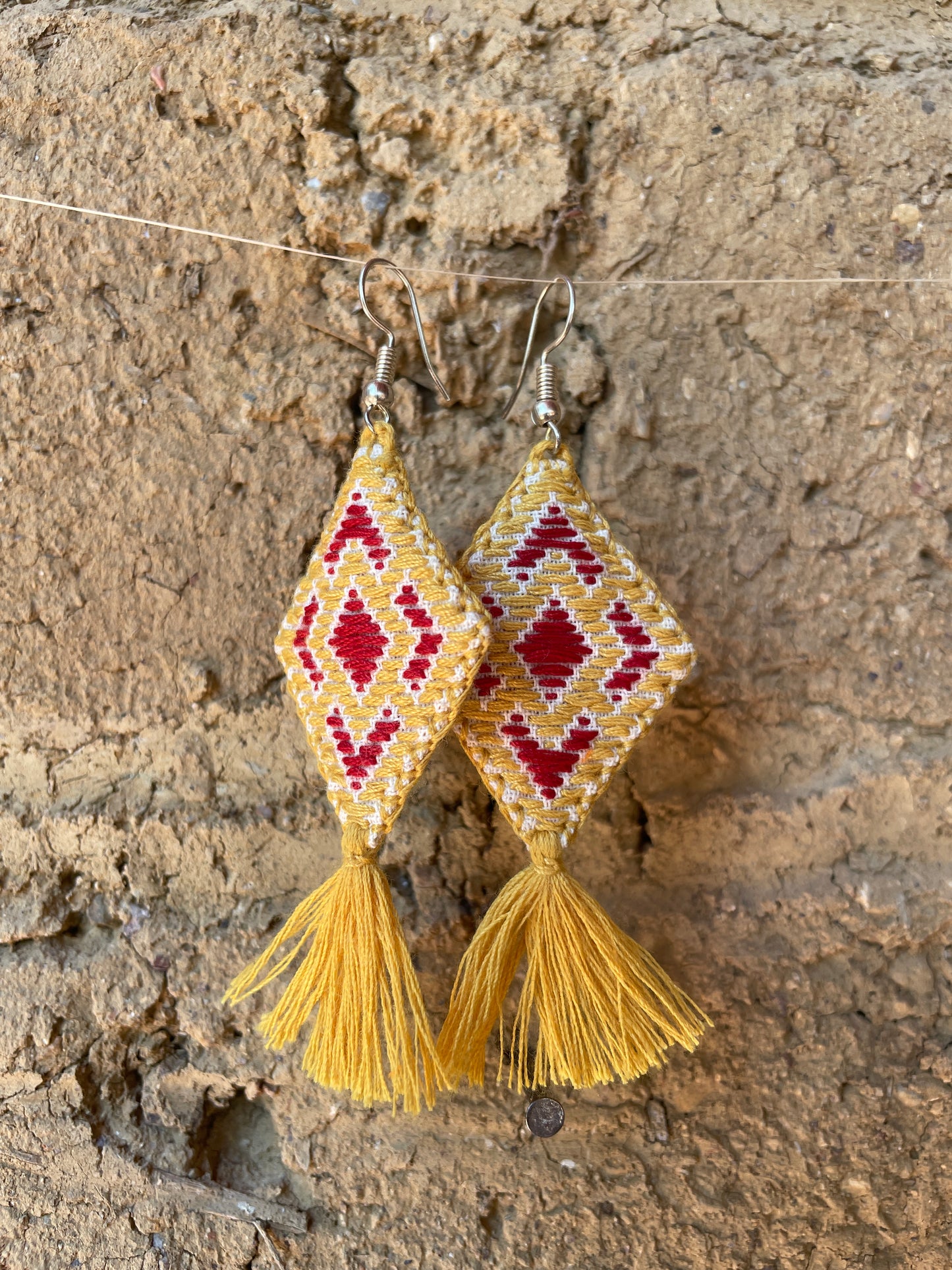 Hand Embroidered Diamond Tassel Artisan Earrings