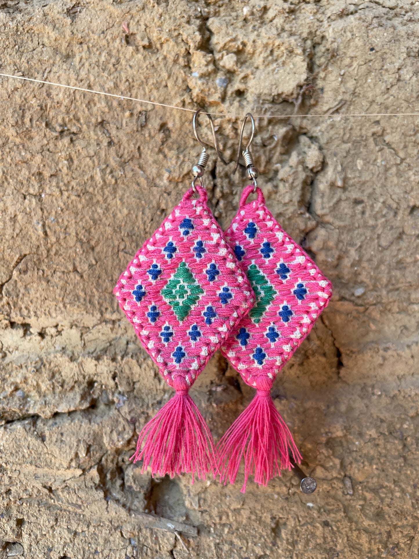 Hand Embroidered Diamond Tassel Artisan Earrings