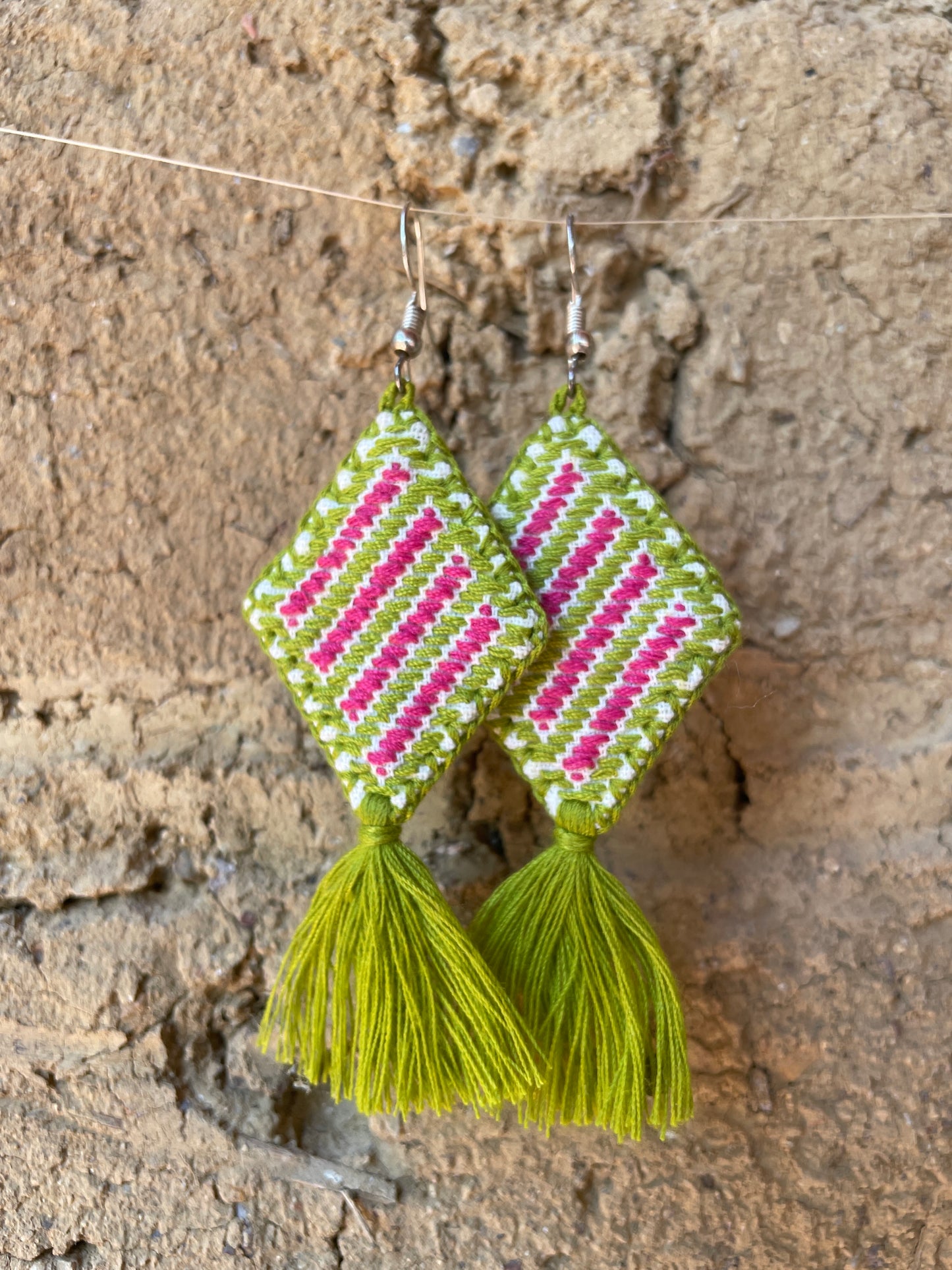 Hand Embroidered Diamond Tassel Artisan Earrings