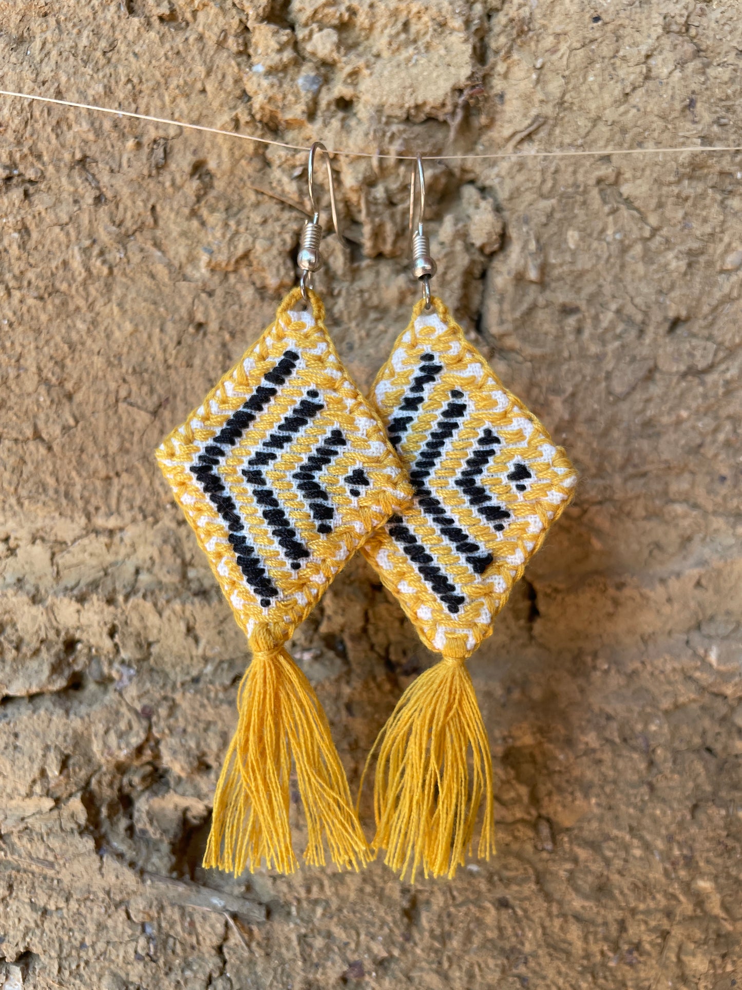 Hand Embroidered Diamond Tassel Artisan Earrings