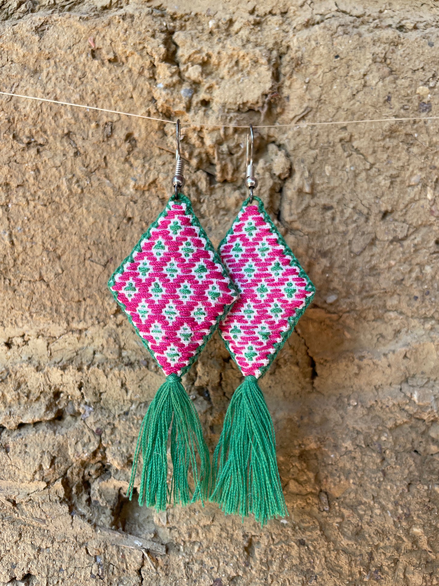 Hand Embroidered Diamond Tassel Artisan Earrings