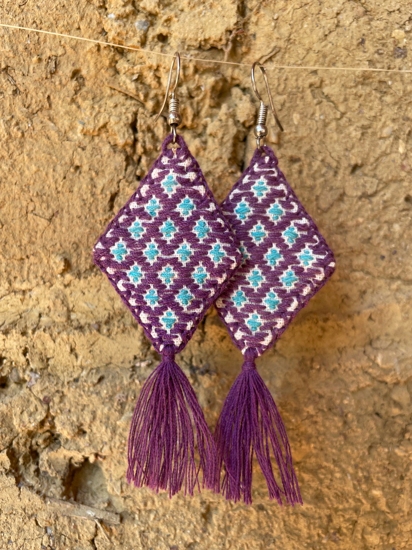 Hand Embroidered Diamond Tassel Artisan Earrings