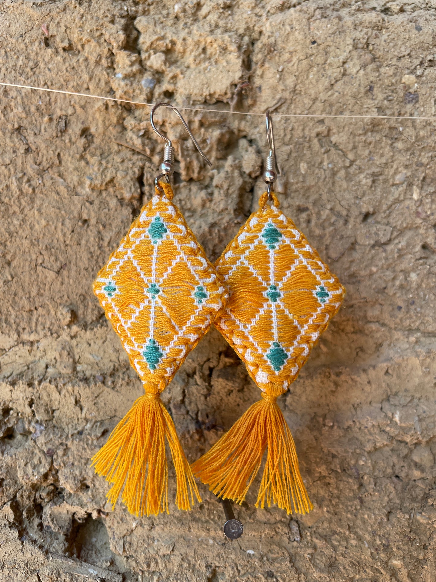 Hand Embroidered Diamond Tassel Artisan Earrings