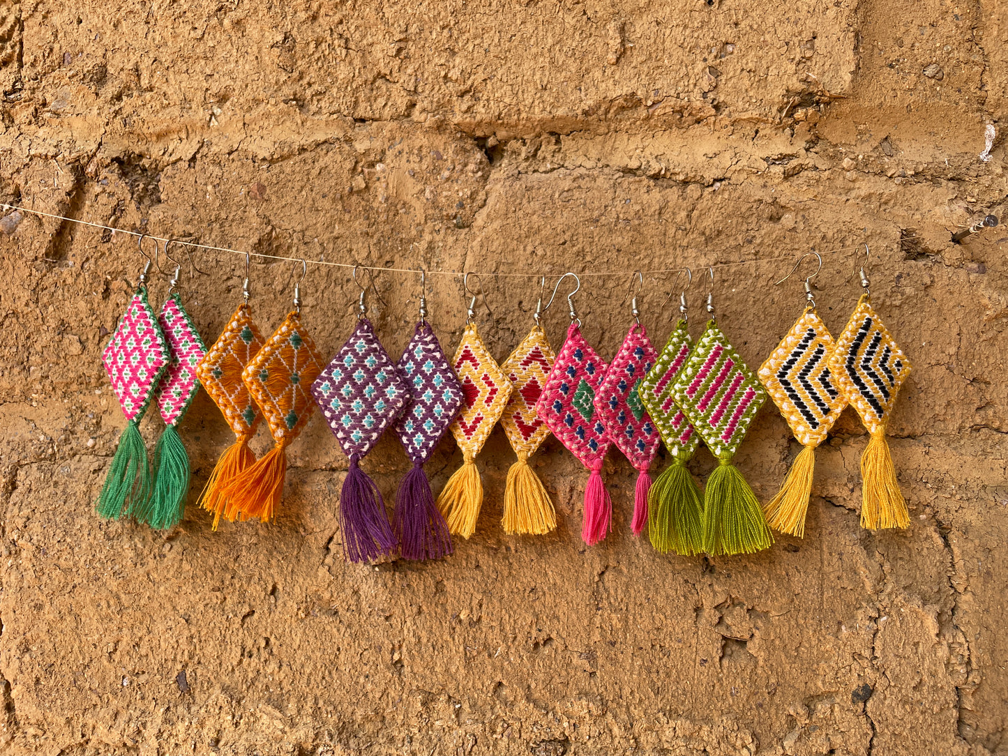 Hand Embroidered Diamond Tassel Artisan Earrings